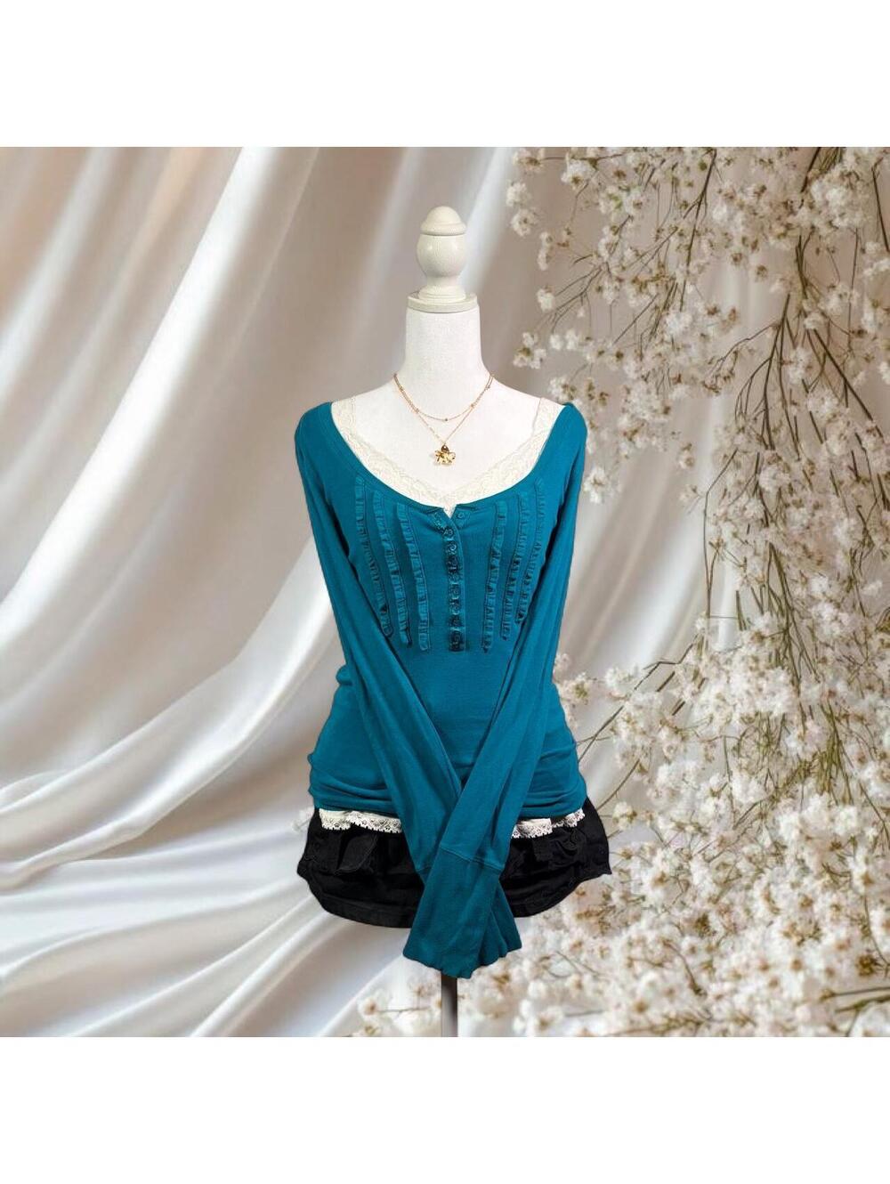 AÉROPOSTALE RUFFLE HENLEY LONG SLEEVE TOP TEAL Y2K